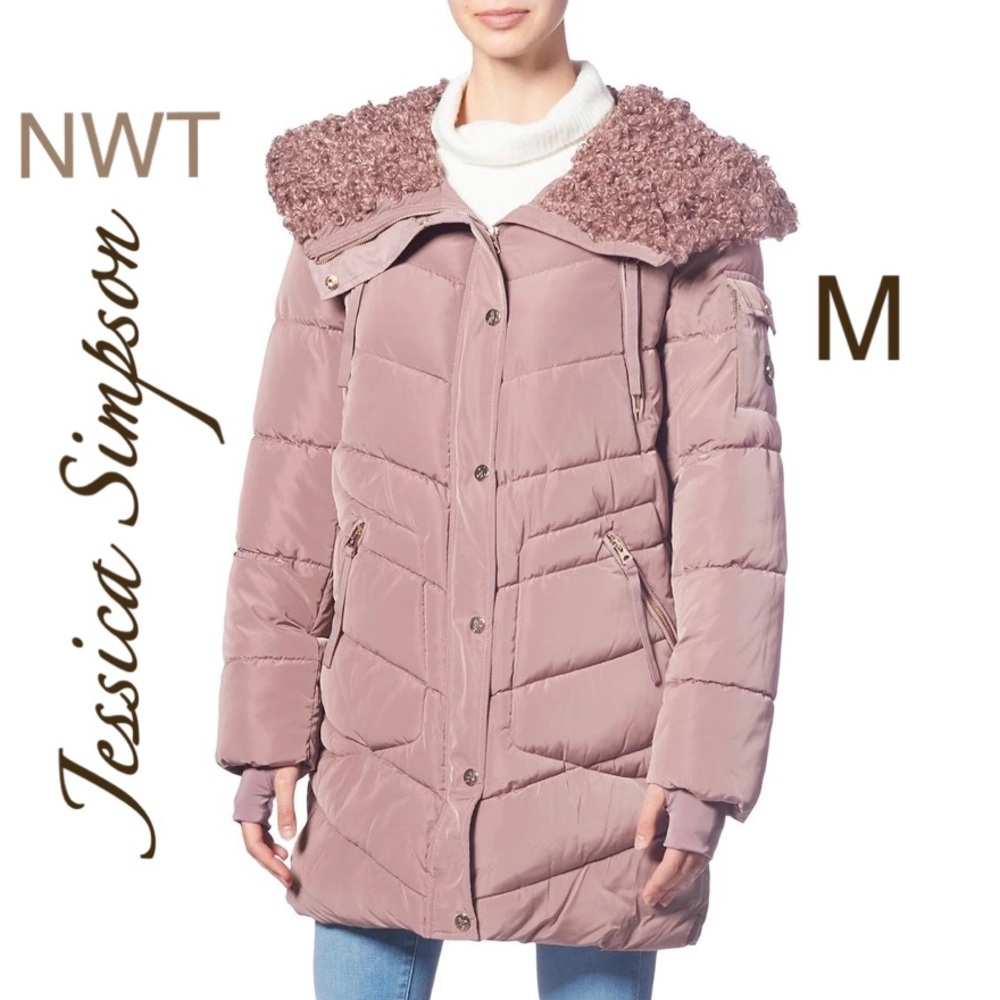 NWT dusty pink water resistant puffer coat fur hood M 𝓢𝓐𝓛𝓔 Jessica Simpson